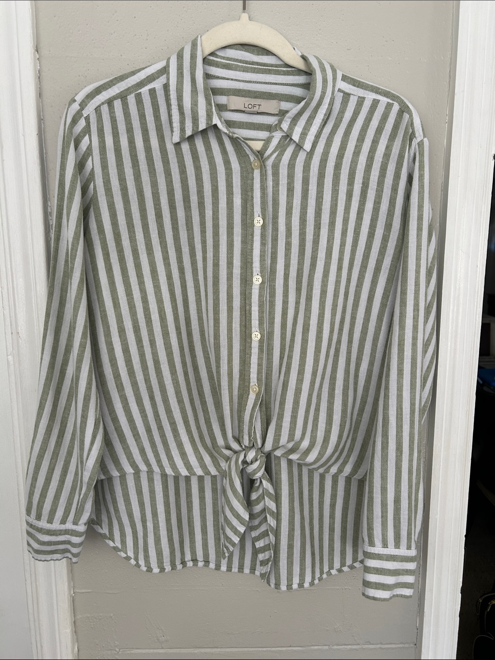 LOFT Olive Green and White Striped Tie-Front Button-Down Shirt